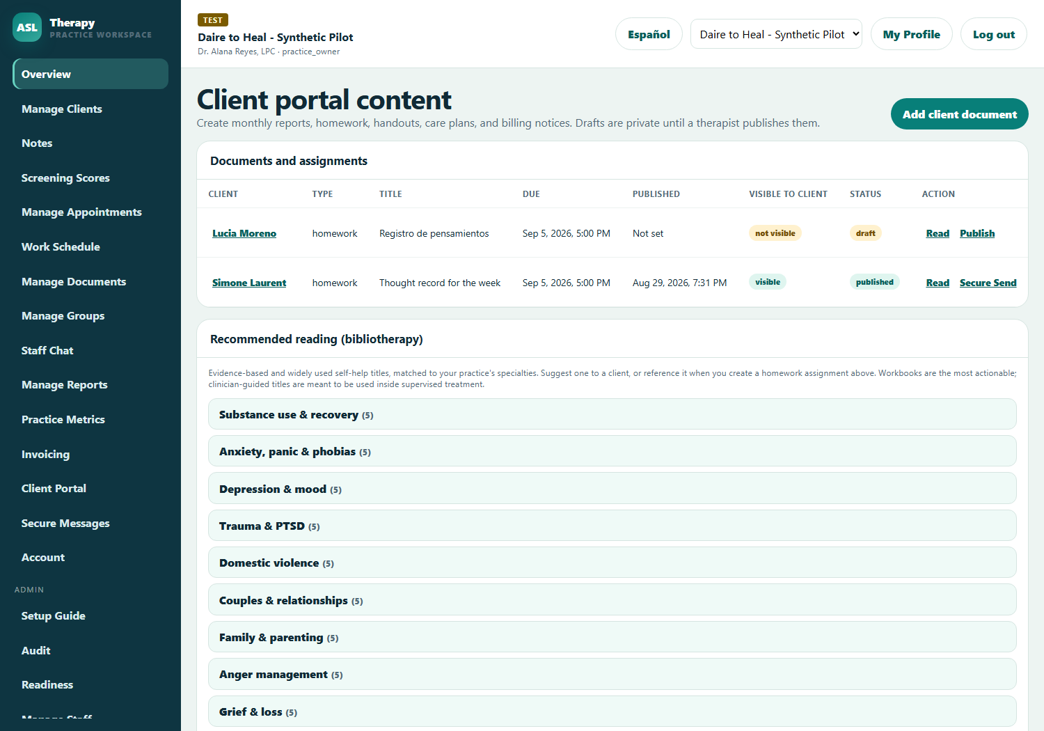 Administración del portal del cliente con documentos publicados y tareas