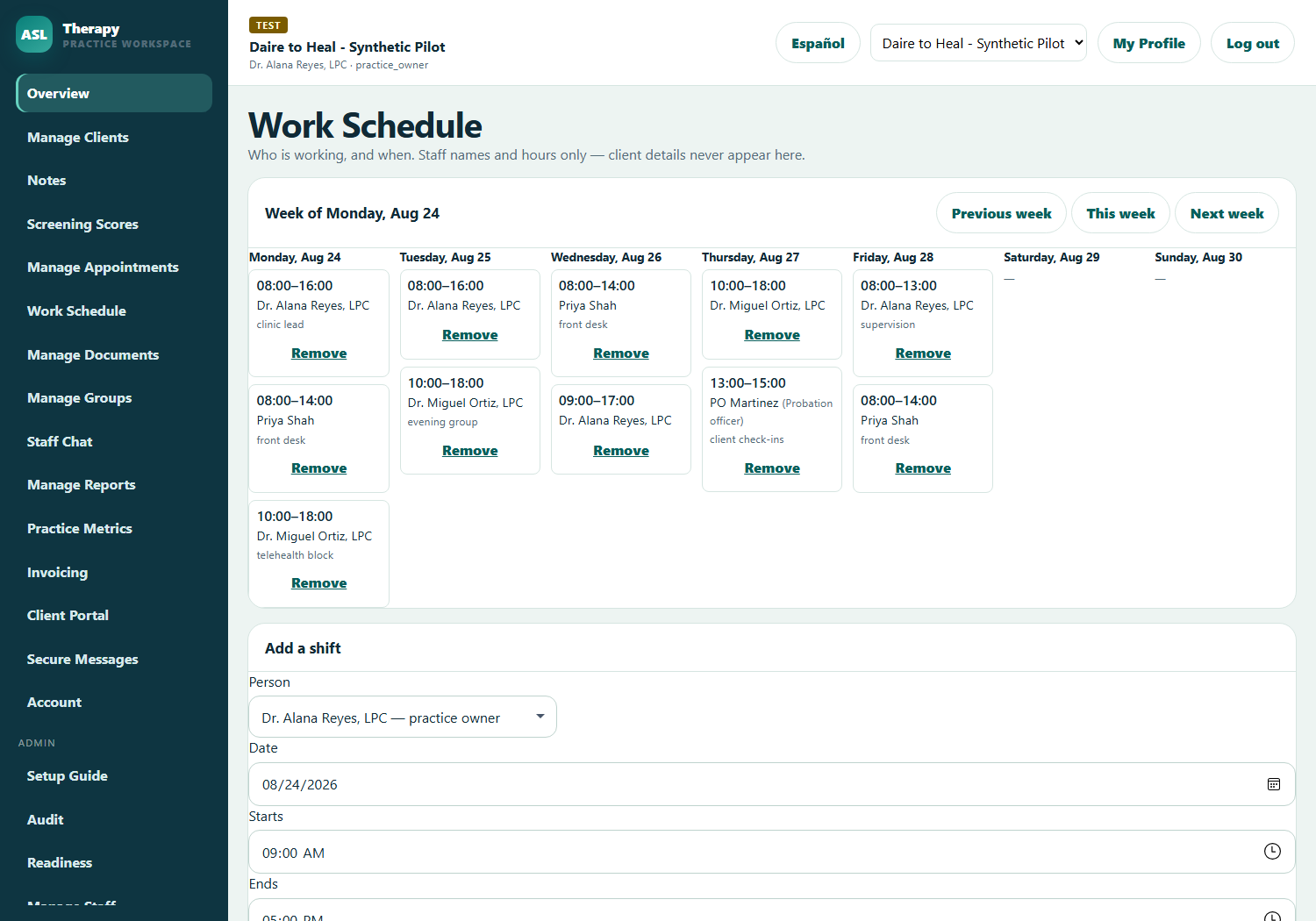 Horario de trabajo semanal con turnos del personal por día